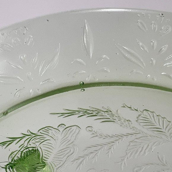 Vtg US Glass Rose Thorn Green Depression Vaseline Uranium Bowl 3 Toe Footed 30s - Picture 12 of 16